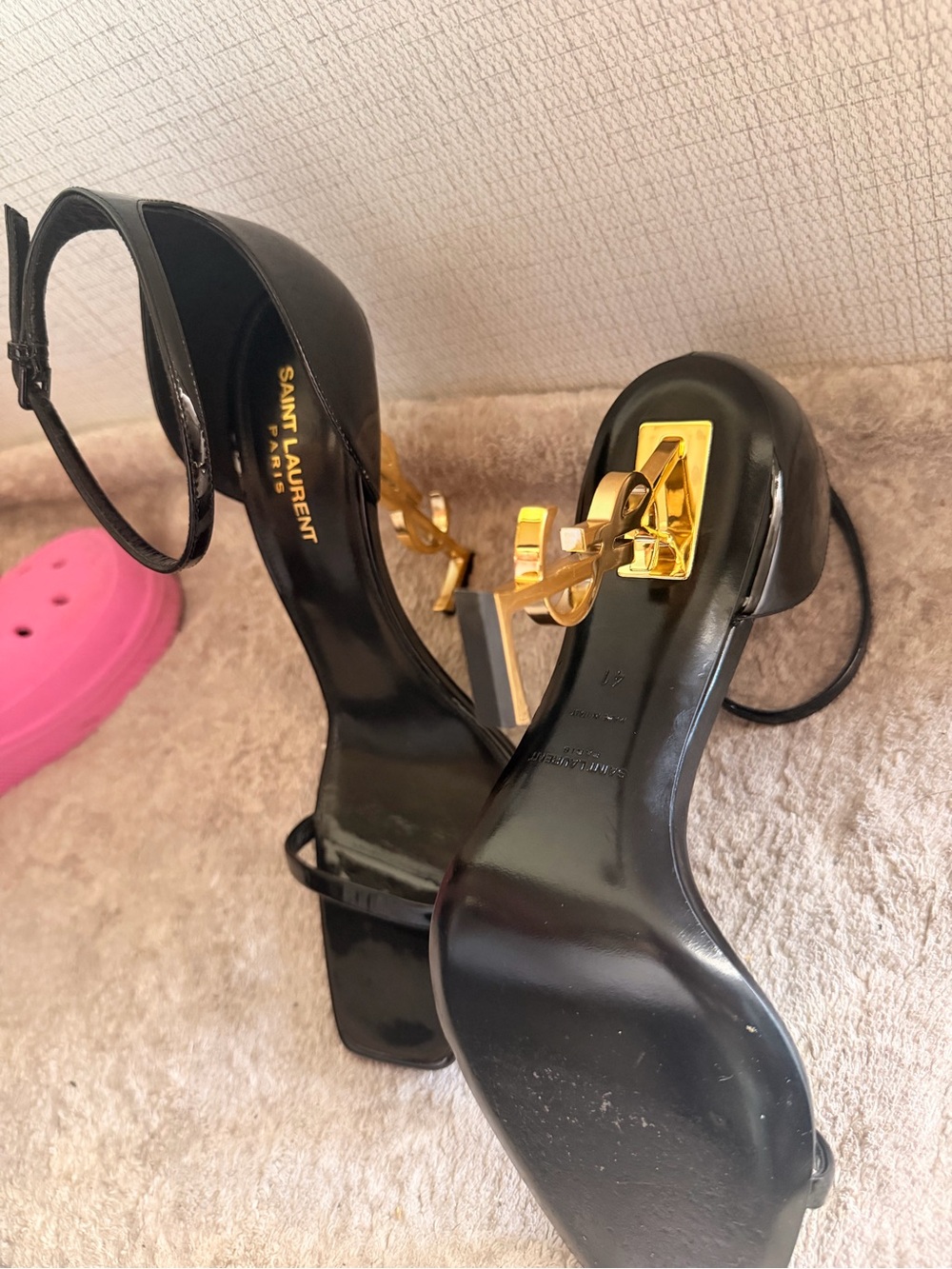 Saint Laurent Black Patent Leather Square-Toe Ankle-Strap Heels - Picture 3 of 5